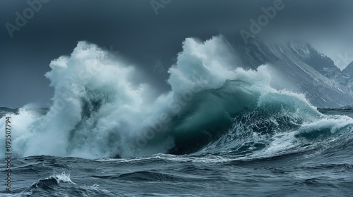 Massive ocean waves crashing against each other under a stormy sky, showcasing the raw power and turbulence of nature.