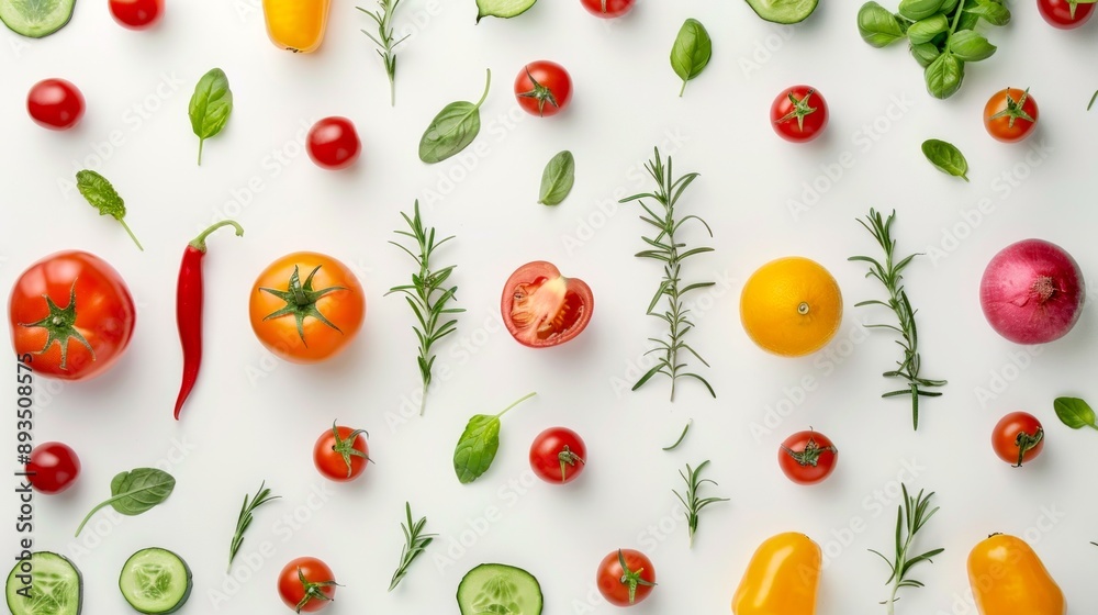 Fresh vegetables and herbs on white background for kitchen and cooking themes. Top view layout with vibrant colors. Concept of healthy eating and culinary inspiration. AI