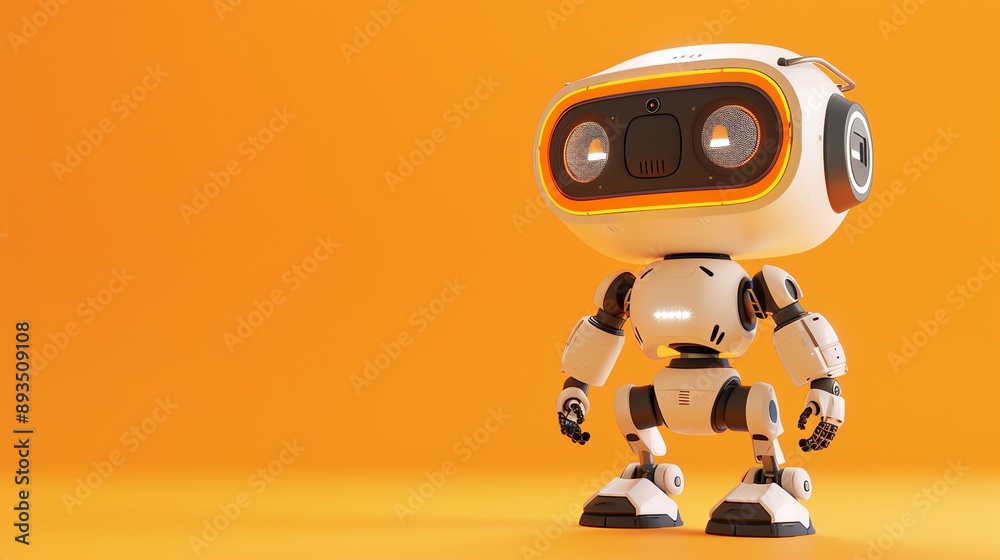 A 3D-rendered cartoon robot with a large head and glowing eyes, standing in front of an orange background. A 3D-rendered cartoon robot with a large head and glowing eyes, standing in front of an orange background.
