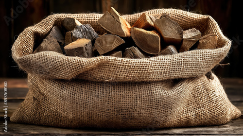 Sack of firewood pieces in a burlap bag, set against a rustic background, highlighting the natural, rugged texture and warmth of the wood. photo