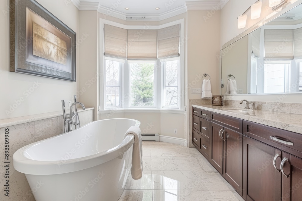 Luxury bathroom interior with white bathtub and tile floor. Northwest, USA Luxury bathroom interior with white bathtub and tile floor. Northwest, USA