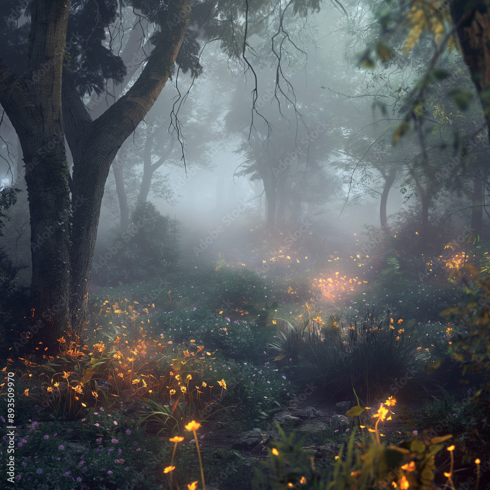 Obraz premium A mystical forest with glowing flora, foggy atmosphere