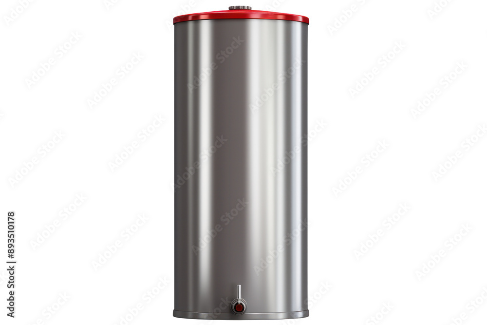 tall, cylindrical stainless steel water tank with a shiny finish and a red valve. Isolated on white background tall, cylindrical stainless steel water tank with a shiny finish and a red valve. Isolated on white background