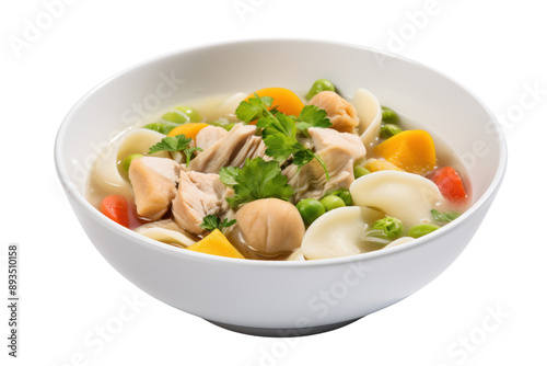 tantalizing bowl of chicken noodle soup, filled with tender chicken chunks, colorful vegetables, and clear broth, set against a white backdrop.