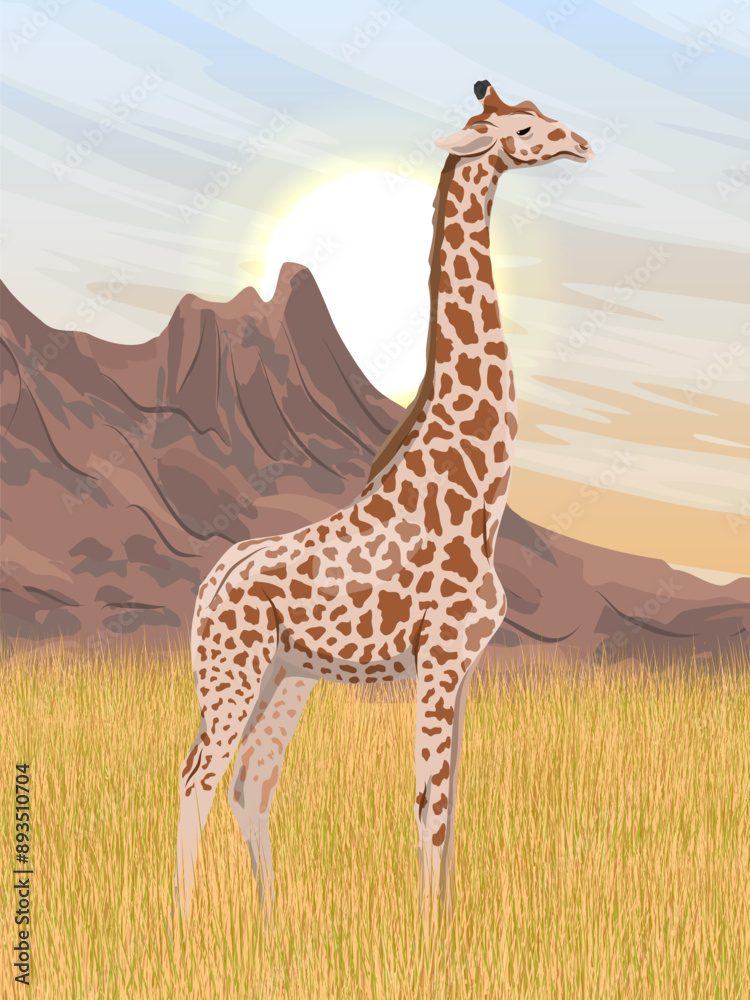Obraz premium African giraffe stand in the dry grass in the savannah at the foot of the mountains. Wild animals of Africa. Realistic vector vertical landscape
