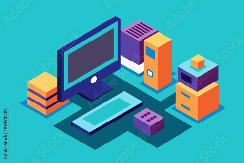 computer and data center isometric icon over blue background colorful design vector illustration