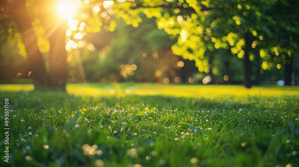 Fototapeta premium Sunny day. Green grass and bokeh in spring park.