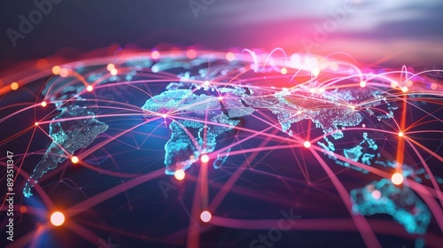 digital visualization of a treasury's global payment optimization strategies, with pulsating lines connecting different countries