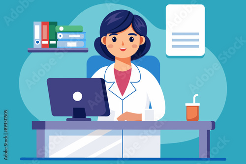 female doctor with laptop and books in the desk