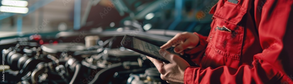 Fototapeta premium Automotive mechanic in red uniform holding a digital tablet, inspecting car engine in garage, focus on technology usage in repair.