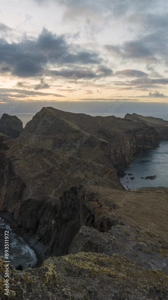Sao Lourence Eastern Part of Madeira Island at Sunrise. Abismo Viewpoint. Cliffs, Mountains and Ocean. Portugal. Time Lapse. Ultra Wide Angle Shot. Vertical Video Sao Lourence Eastern Part of Madeira Island at Sunrise. Abismo Viewpoint. Cliffs, Mountains and Ocean. Portugal. Time Lapse. Ultra Wide Angle Shot. Vertical Video
