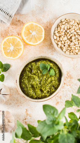 Fresh homemade pesto sauce in a bowl. Italian cuisine. Recipe.