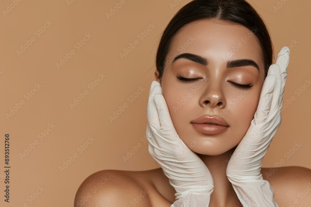 Concept for facial plastic surgery. Doctor making marks on woman's face, young woman in surgical consultation on beige studio background. Concept for facial plastic surgery. Doctor making marks on woman's face, young woman in surgical consultation on beige studio background.