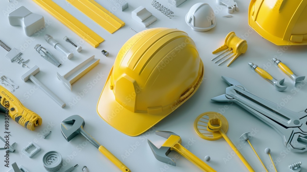 Yellow hard hat and various tools on a flat surface. Conceptual image showing construction tools. Ideal for projects related to building, repair, and safety. Modern and clean style. AI Yellow hard hat and various tools on a flat surface. Conceptual image showing construction tools. Ideal for projects related to building, repair, and safety. Modern and clean style. AI