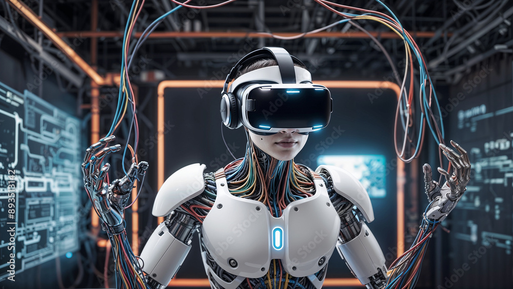 Obraz premium Robot, wires, digital code, virtual reality