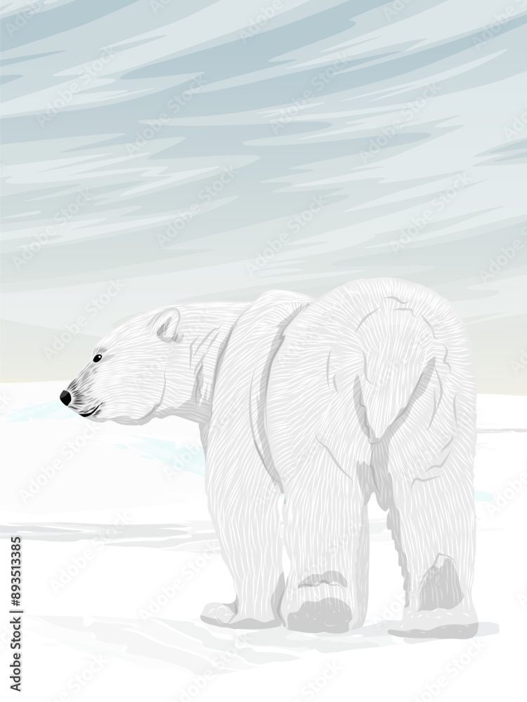Fototapeta premium A large polar bear walks through the snow. Arctic and Arctic Circle. Permafrost. Realistic vector vertical landscape