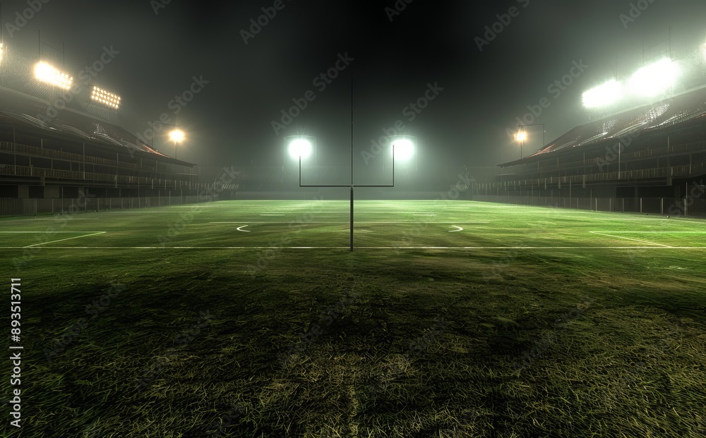 In the digital 3D background, an image of a universal grass stadium illuminated by spotlights with an empty green grass playground and a grand sport building is illustrated with a digital 3D In the digital 3D background, an image of a universal grass stadium illuminated by spotlights with an empty green grass playground and a grand sport building is illustrated with a digital 3D