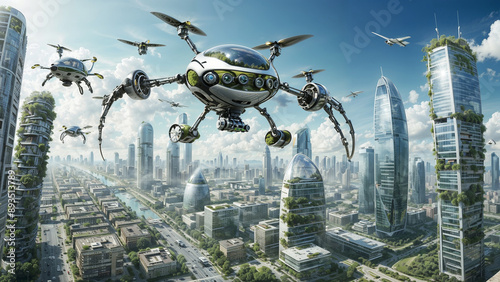 Ecological cities, flying robots, future. Ecological system, green cities #893513789