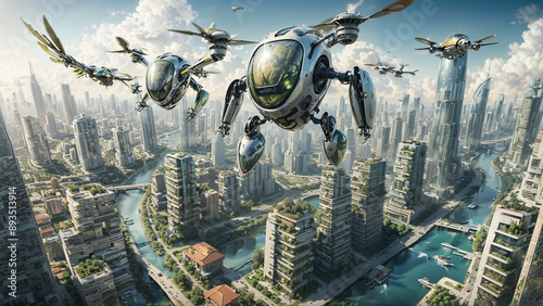 Ecological cities, flying robots, future. Ecological system, green cities #893513914