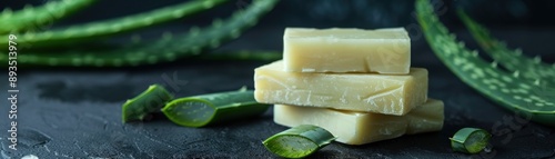 Close-up of aloe vera soap bars with fresh aloe leaves on dark slate background. Natural skincare products for healthy, glowing skin.