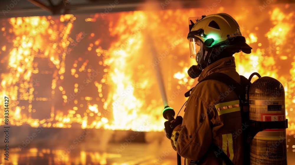 A firefighter facing an intense blaze, analyzing the situation. Captured with precise lighting, the image highlights the bravery and professionalism of first responders