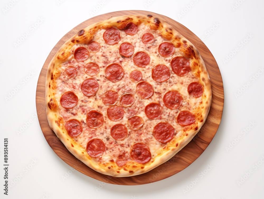 a pepperoni pizza on a wooden platter a pepperoni pizza on a wooden platter