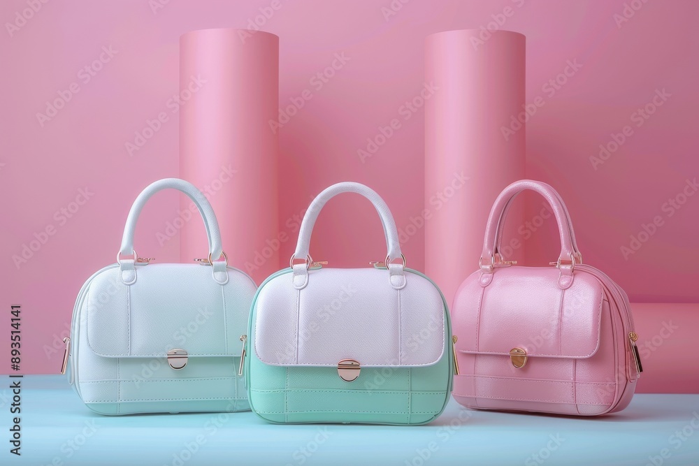 exclusive fashionable modern handbags for women on soft delicate background, pink and blue color palettes exclusive fashionable modern handbags for women on soft delicate background, pink and blue color palettes