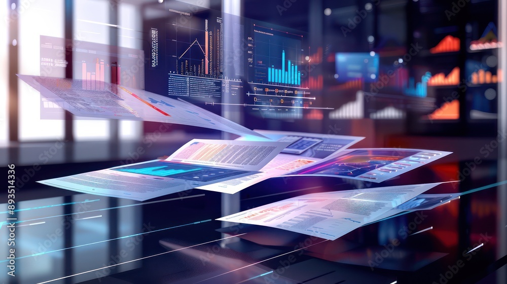 dynamic digital representation of an investment bank's annual report, with pages turning into 3D charts and interactive elements that float above a sleek table dynamic digital representation of an investment bank's annual report, with pages turning into 3D charts and interactive elements that float above a sleek table