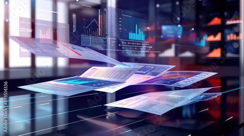 dynamic digital representation of an investment bank's annual report, with pages turning into 3D charts and interactive elements that float above a sleek table