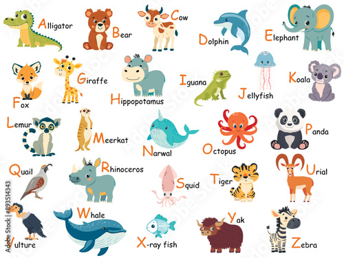 Colorful zoo alphabet for children with cute animals. Cartoon letters from A to Z isolated vector illustration. Preschool and school education concept