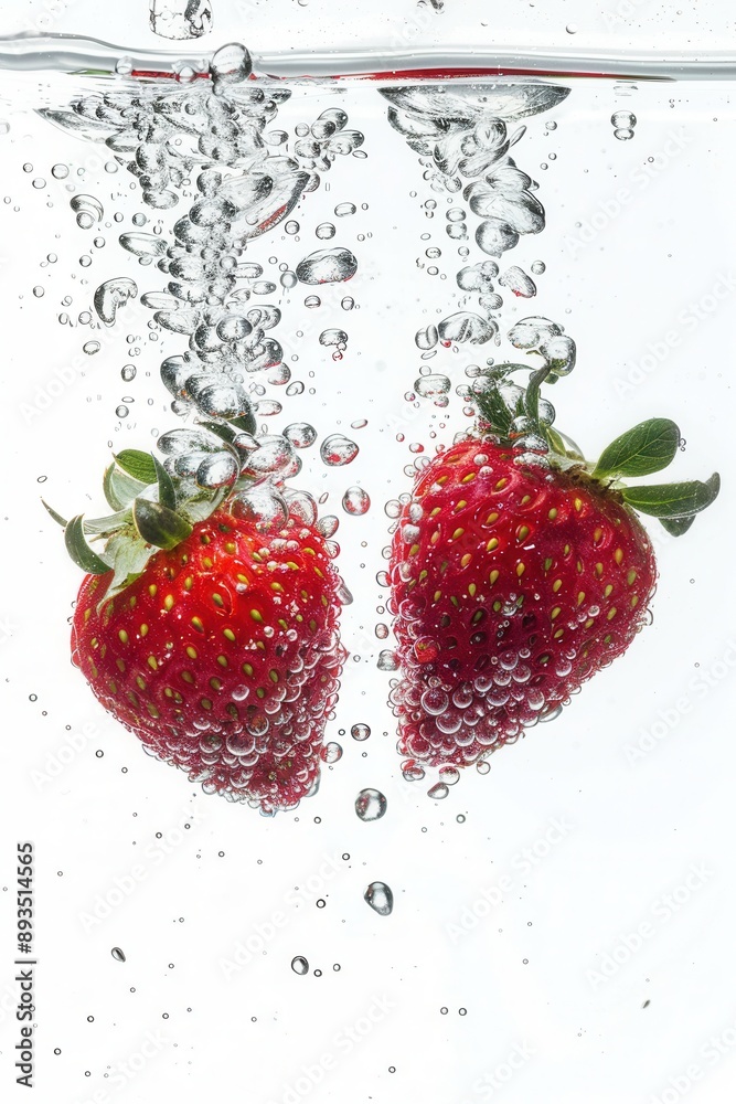 Juicy ripe strawberry fruit in water with bubble Juicy ripe strawberry fruit in water with bubble