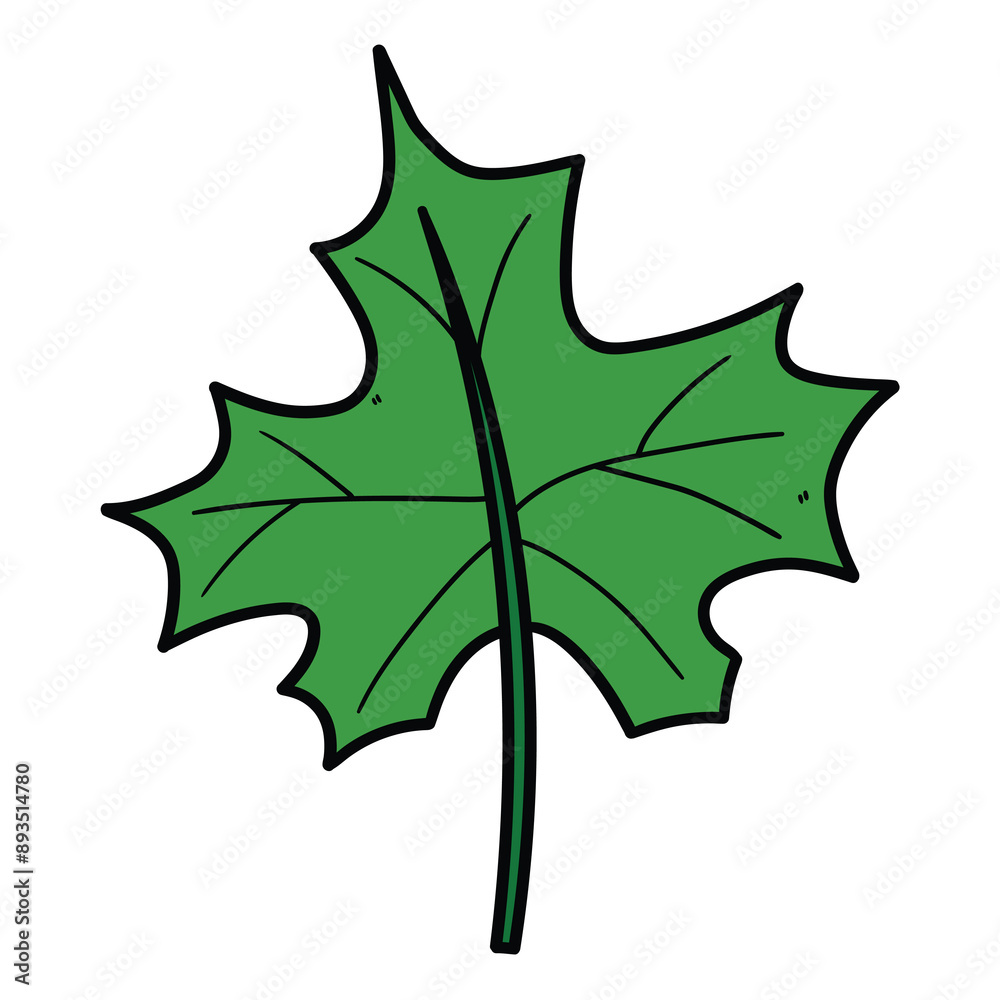 Fototapeta premium Hand drawn cartoon green maple leaf on white background.