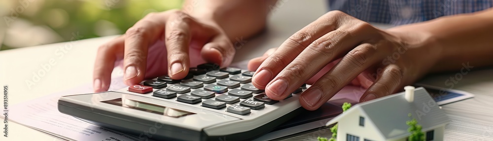 Closeup of hands using a calculator beside a house model, home loan management, savings planning Closeup of hands using a calculator beside a house model, home loan management, savings planning