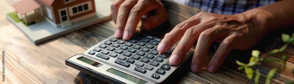 Close-up of hands using a calculator for financial calculations, with a small house model in the background, representing budgeting. Close-up of hands using a calculator for financial calculations, with a small house model in the background, representing budgeting.