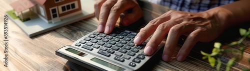 Close-up of hands using a calculator for financial calculations, with a small house model in the background, representing budgeting.