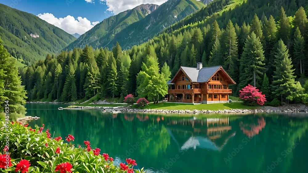 Fototapeta premium A picturesque cabin nestled on the shore of a pristine lake, surrounded by lush greenery and towering mountains.