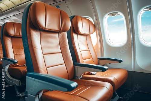 Interior of airplane with seats and window view.