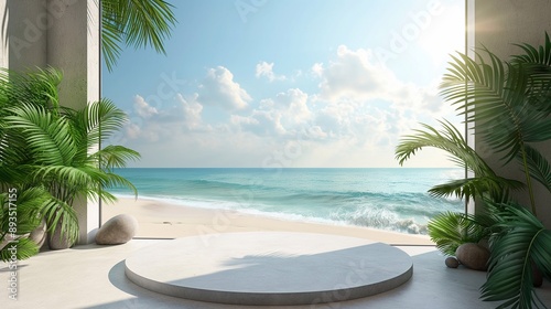 Podium display for product with tropical beach background with palm leaves © Yevheniia Kudrova