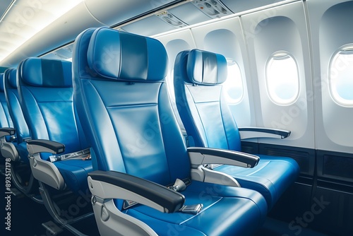 Interior of airplane with seats and window view.