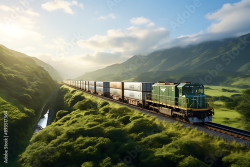 Freight train with containers on the background of green mountains. 3d rendering