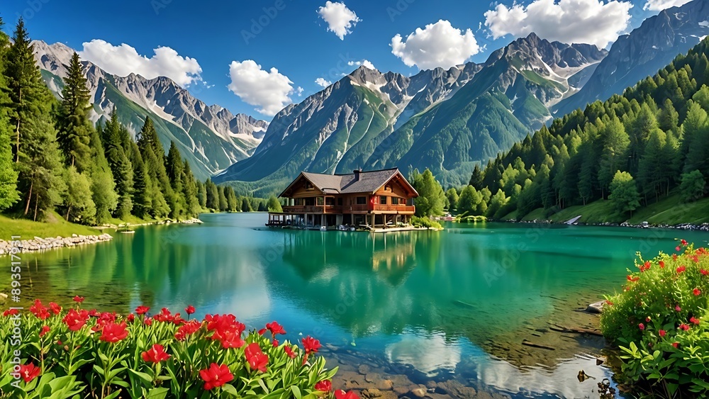 A picturesque cabin nestled on the shore of a pristine lake, surrounded by lush greenery and towering mountains. A picturesque cabin nestled on the shore of a pristine lake, surrounded by lush greenery and towering mountains.