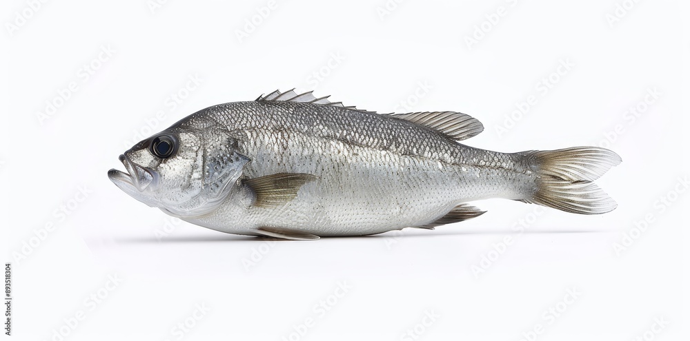 An isolated white image of a European bass (Dicentrarchus labrax) An isolated white image of a European bass (Dicentrarchus labrax)