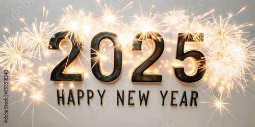 The year 2025 is written with sparklers. Happy New Year 2025. Artistic text Happy New Year 2025 written with sparkling sparklers on a dark background. Beautiful overlay template for holiday card