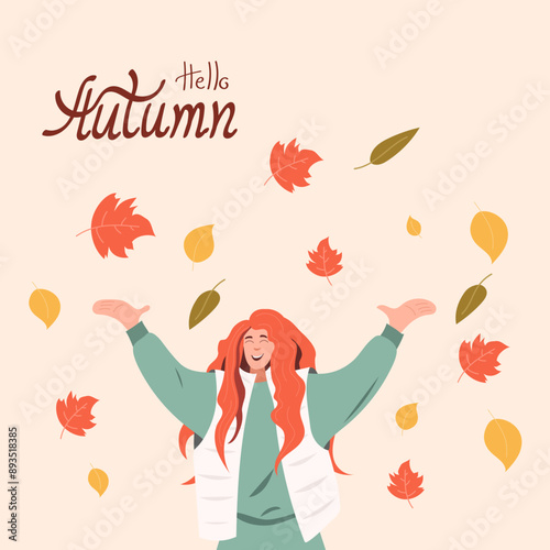 A bright smiling young woman joyfully throws up bright autumn leaves, outdoors. A delightful celebration of seasonality. Hello Autumn hand lettering. Vector illustration