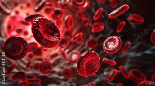 Red blood cells in vein. Blood cells flowing through a capillary bloodstream. Medicine and biology