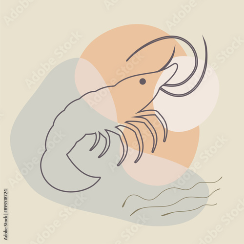 Large prawn shrimp, drawn by graphic lines on a blobs background. Element for a menu of fish restaurants, for packaging in markets and in stores. Healthy seafood concept