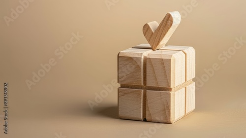 A wooden checkmark sits atop a wooden box against a tan background