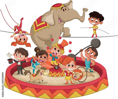 Cute circus cartoon characters and animals. Vintage carnival children.