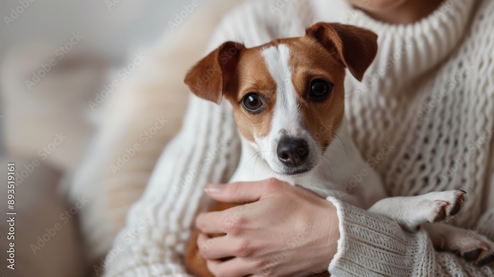 Woman holding a small dog in her arms wearing a white sweater. Pet care and affection concept. Woman holding a small dog in her arms wearing a white sweater. Pet care and affection concept.