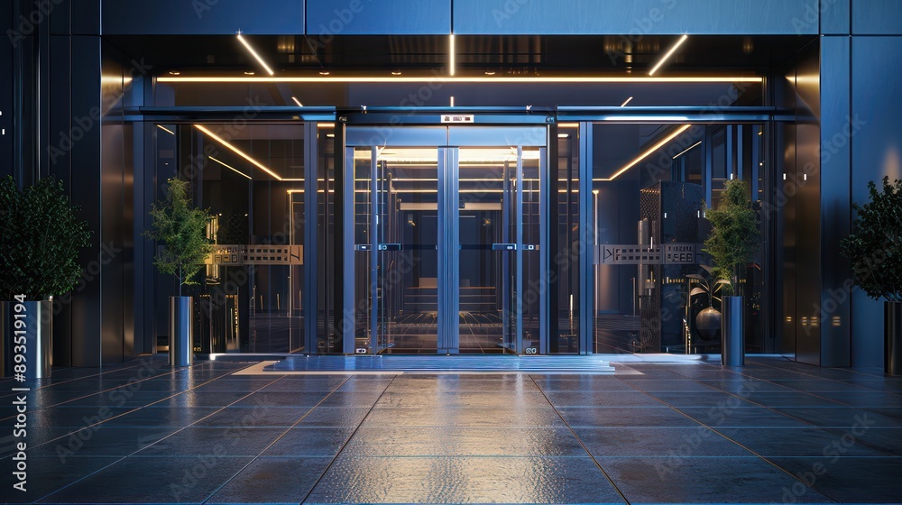 futuristic corporate entrance with automatic sliding doors and a high-tech security system